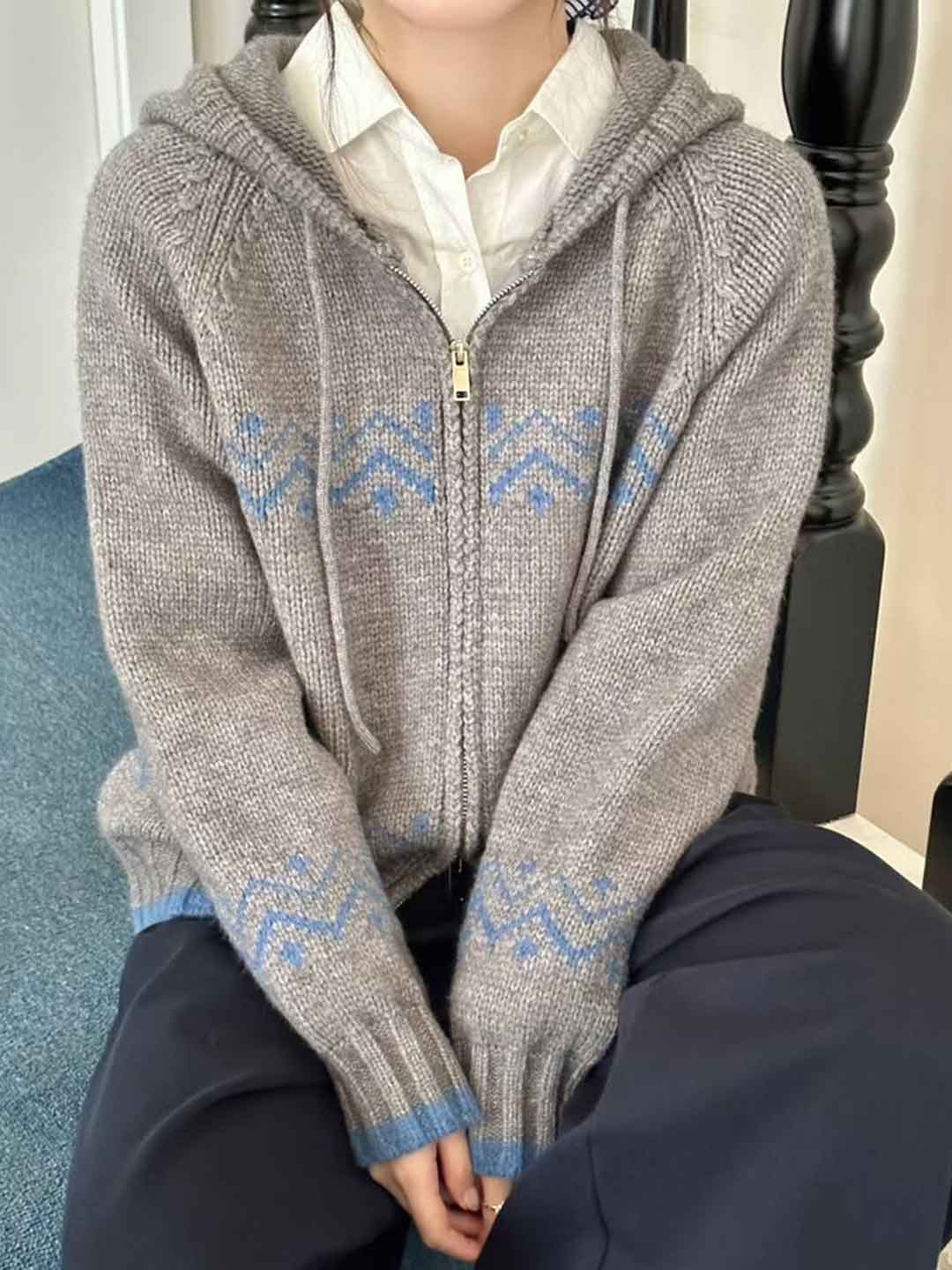 Ashley Casual Jacquard Hooded Knitted Cardigan