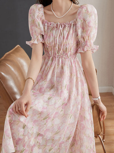 Kayla Classic Jacquard Puff Sleeve Chiffon Dress-Pink