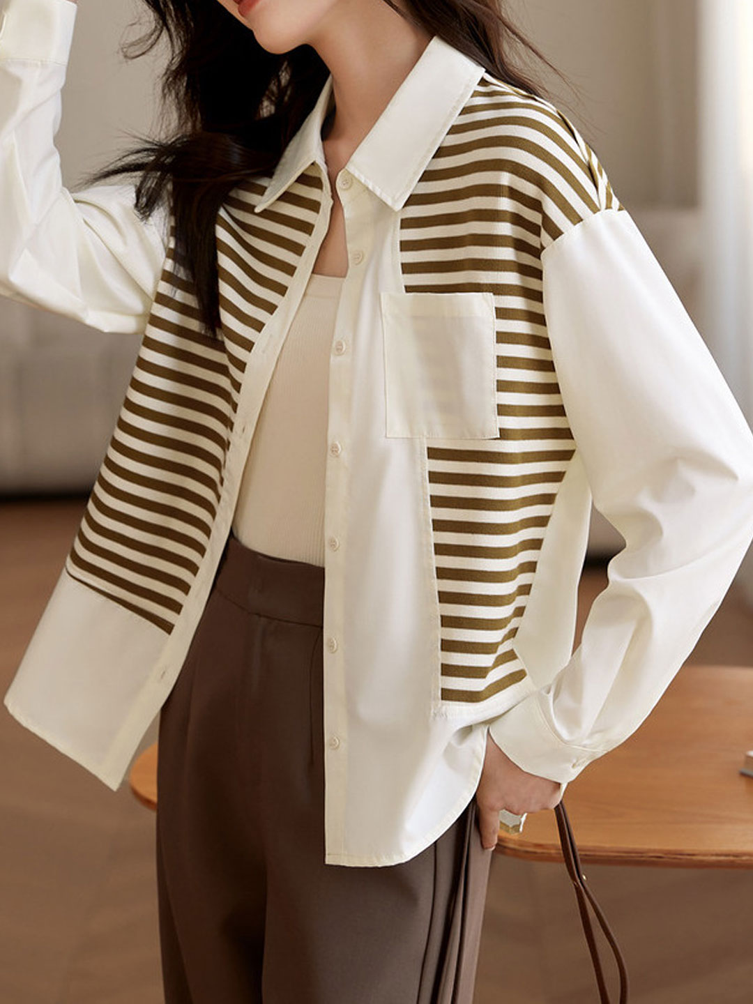 Kayla Casual Striped Contrast Patchwork Shirt