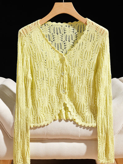 Emma Elegant V-Neck Hollowed Ice Silk Knitted Cardigan-White