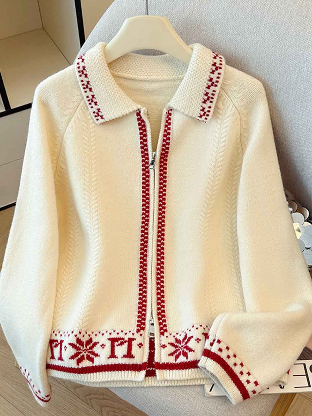 Ava Casual Lapel Jacquard Color-Block Knitted Cardigan