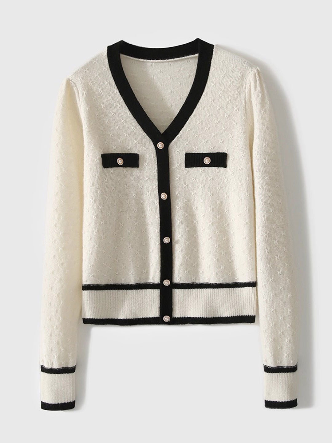 Hannah Casual V-Neck Textured Jacquard Knitted Sweater