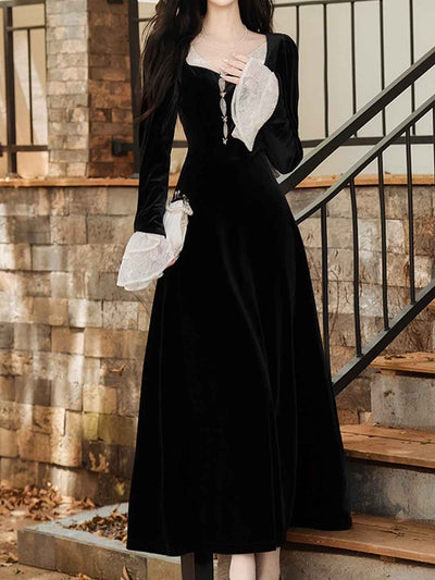 Anna Retro Square Neck Lace Sleeve Velvet Dress