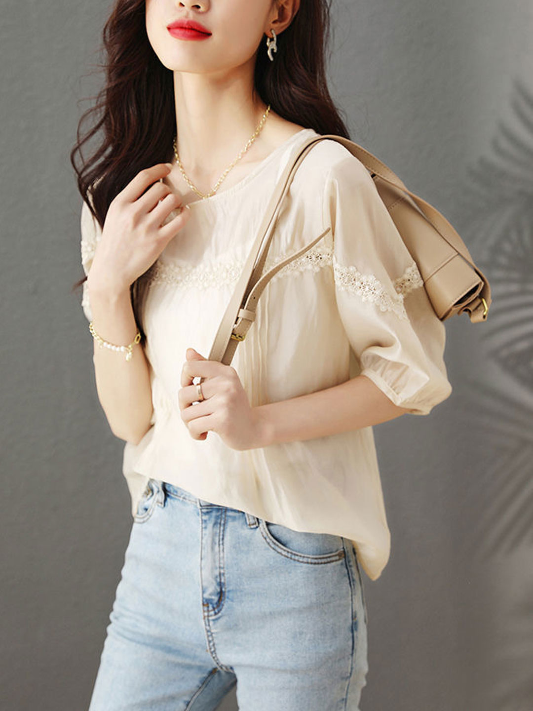 Audrey Loose Puff Sleeve Lace Hollowed Blouse