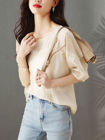 Audrey Loose Puff Sleeve Lace Hollowed Blouse