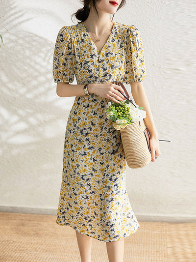 Kayla Retro Floral Puff Sleeve Dress