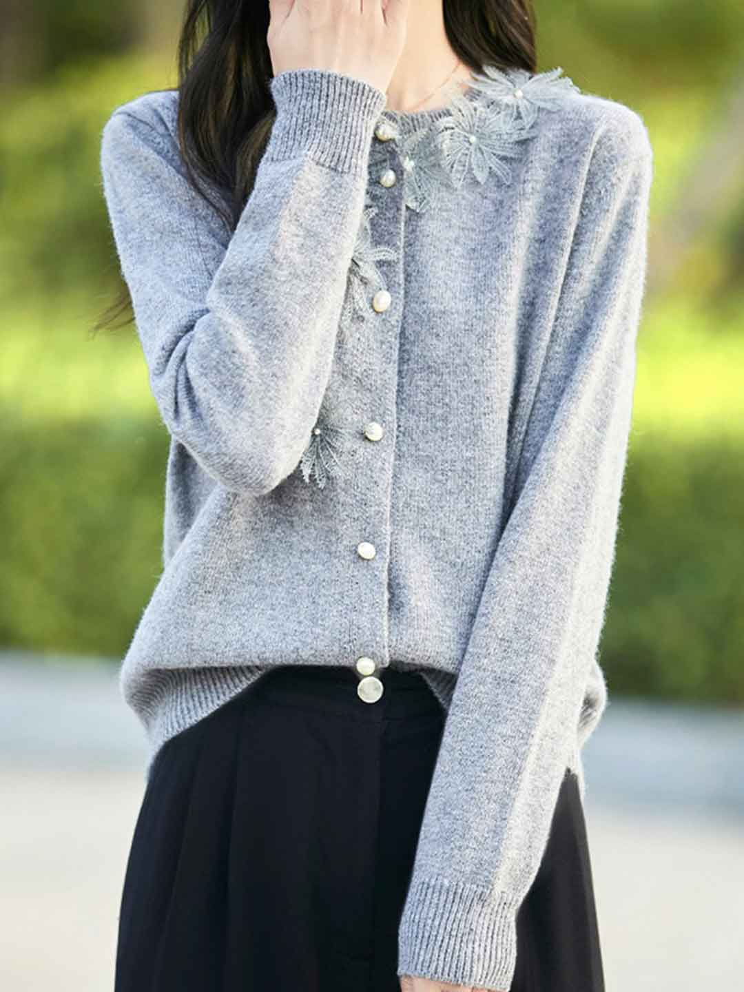 Sophie Classic Crew Neck Crocheted Solid Color Knitted Cardigan