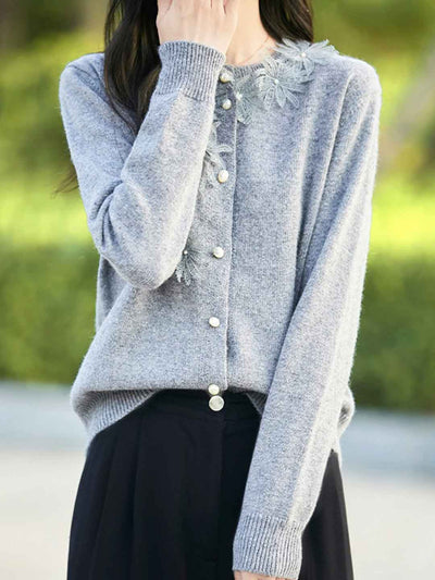 Sophie Classic Crew Neck Crocheted Solid Color Knitted Cardigan