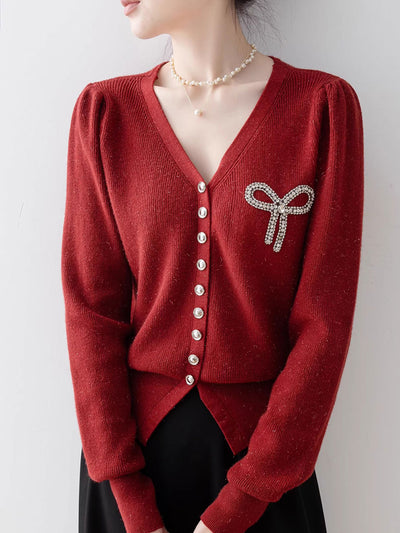 Natalie Elegant V-Neck Diamond-Studded Knitted Top