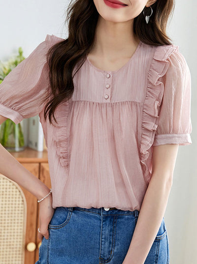 Abigail Retro Ruffle Ruched Chiffon Blouse