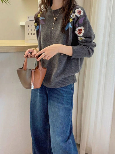 Andrea Casual Crew Neck Flower Embroidered Knitted Sweater