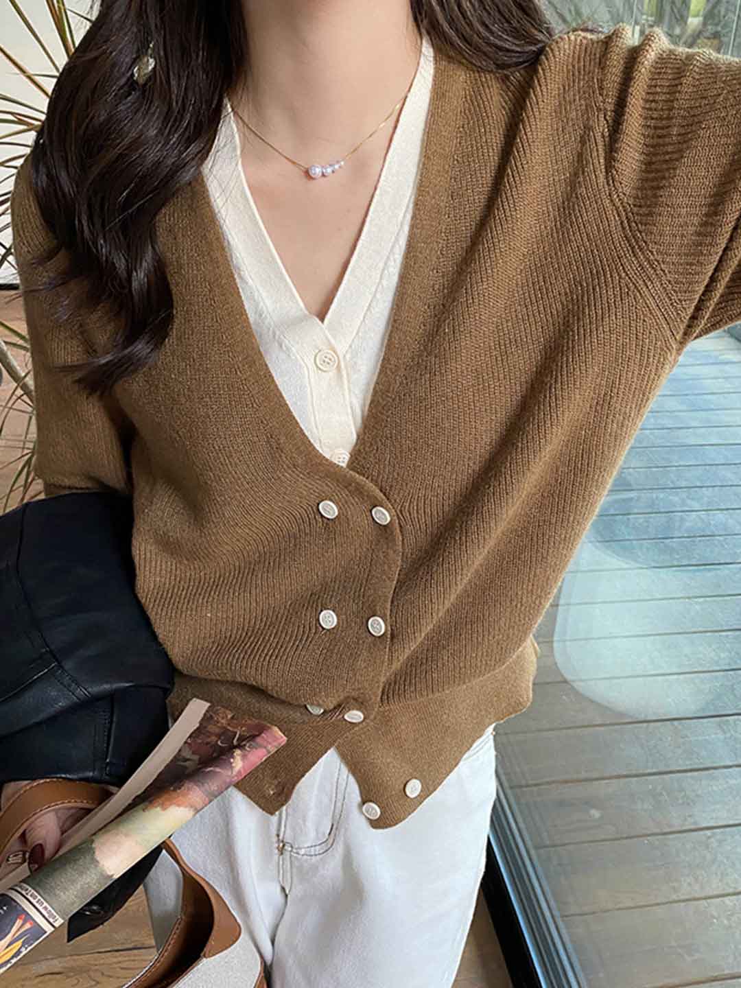 Trinity Casual V-Neck Mock Two-Piece Knitted Top