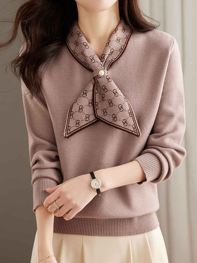 Andrea Loose Bow Scarf Collar Knitted Top