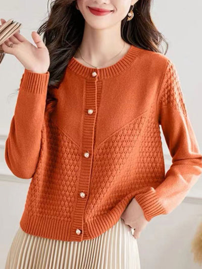 Sophia Loose Crew Neck Knitted Sweater Cardigan-Orange