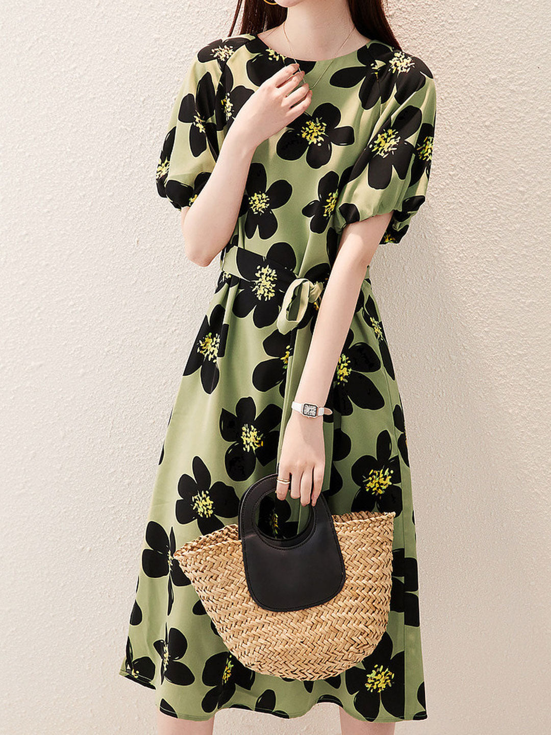 Mia Elegant Printed Tie Dress-Green