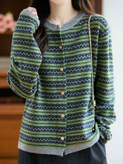 Kimberly Vintage Crew Neck Jacquard Striped Knitted Cardigan