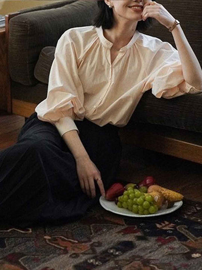 Natalie Retro Stand-up Collar Puff Sleeve Shirt