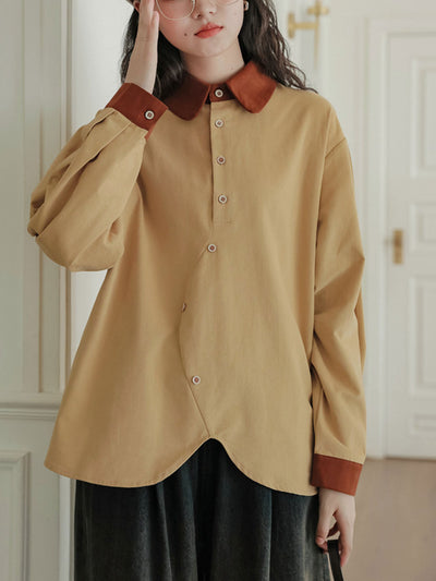 Selina Retro Polo Lapel Contrast Irregular Shirt