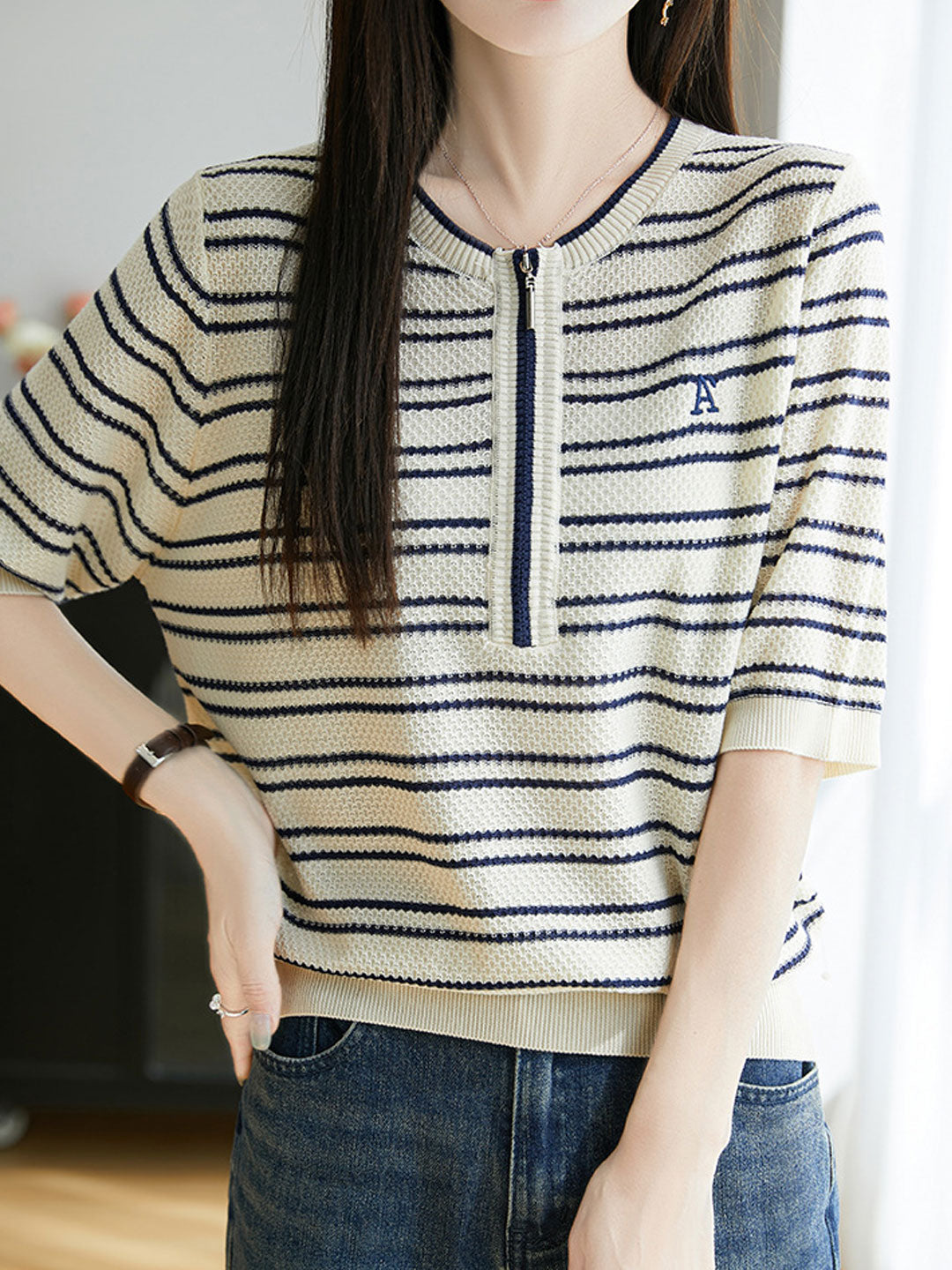 Brianna Loose Crew Neck Striped Pullover Top