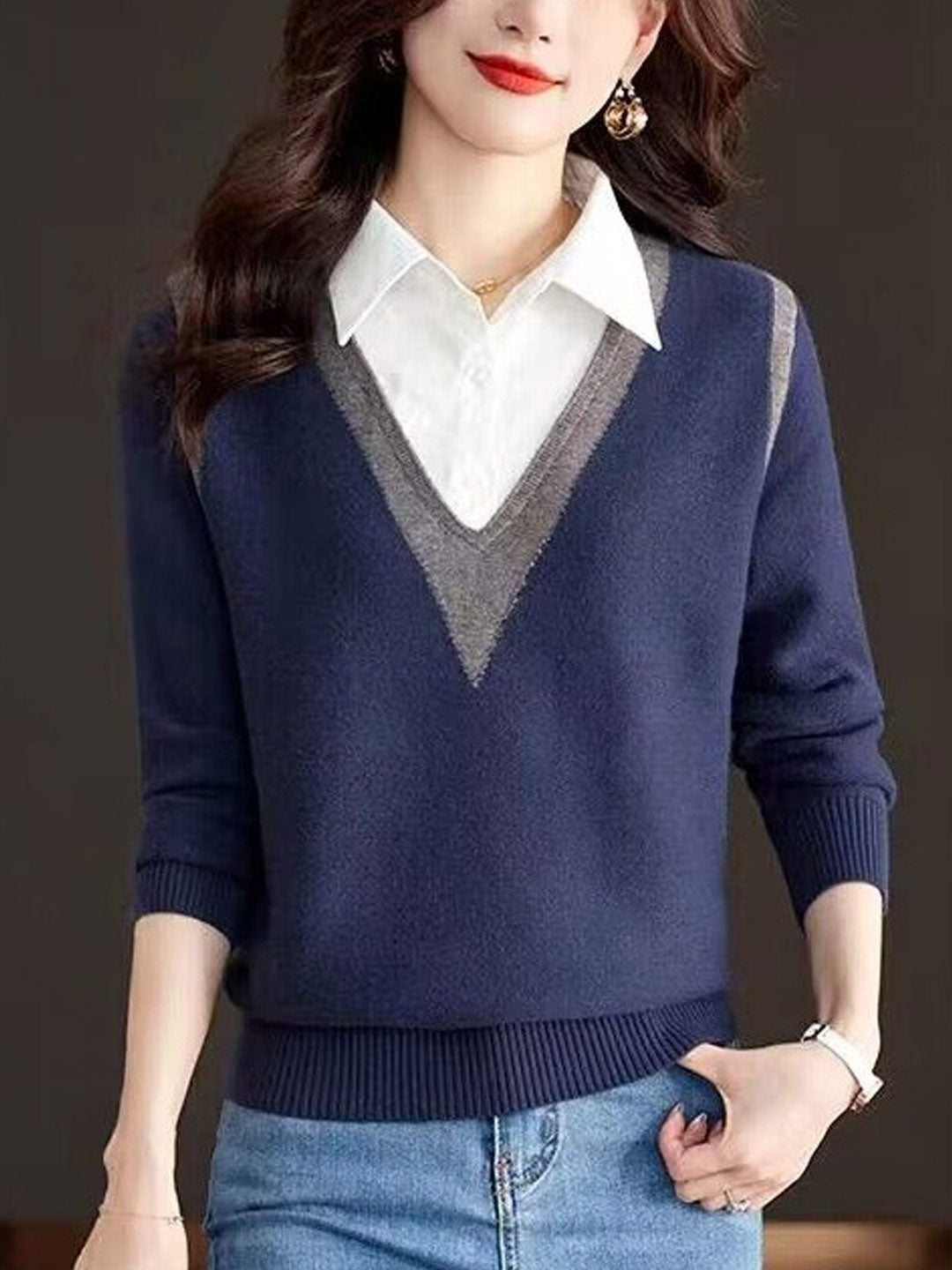 Ava Casual Contrast Color Shirt Collar Knitted Sweater