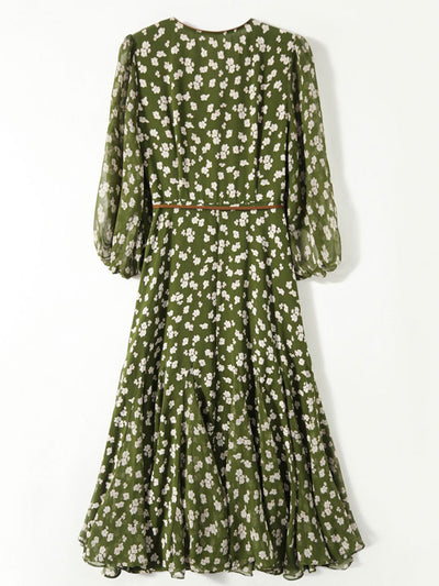 Molly Retro Floral Wrap Waisted Dress-Green Long