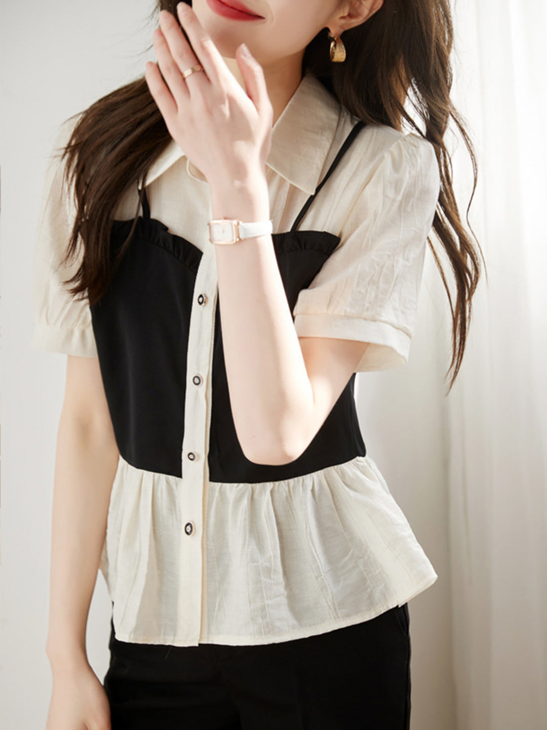 Hannah Retro Button Color-block Chiffon Top