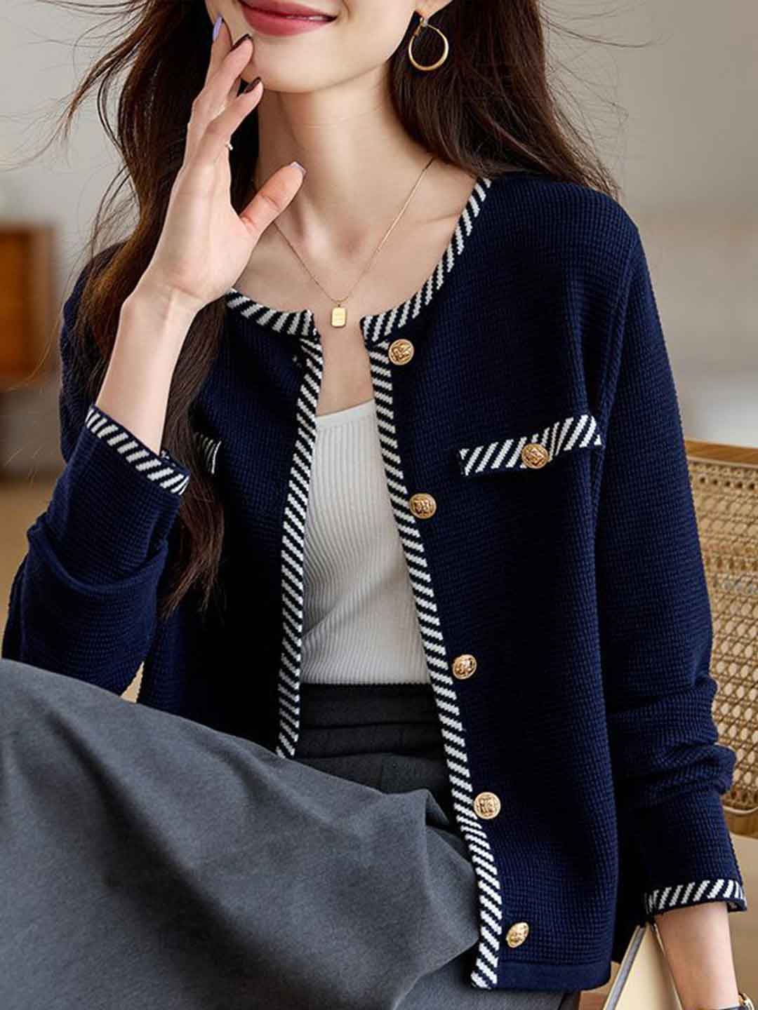 Caroline Elegant Crew Neck Tweed Cardigan