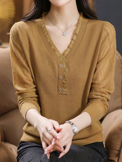 Julia Retro V-Neck Lace Trimmed Knitted Top