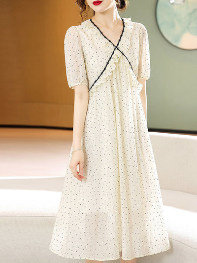 Olivia Retro Chiffon Polka-Dot Dress-Apricot