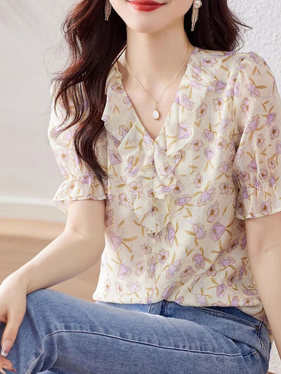 Lauren Elegant Ruffled Floral Chiffon Top