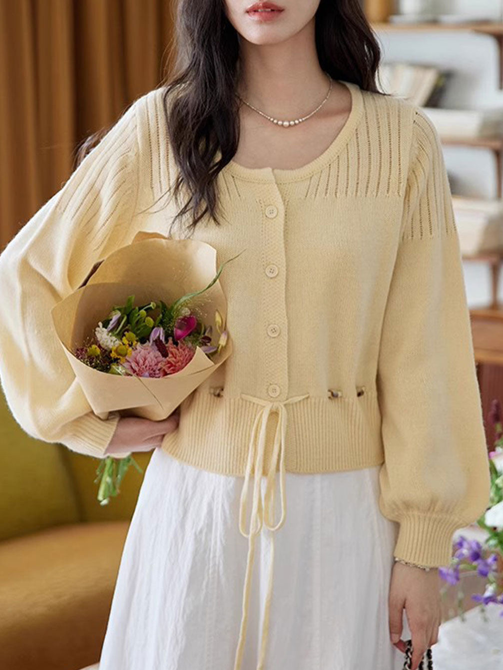 Peyton Retro Crew Neck Beaded Drawstring Knitted Cardigan