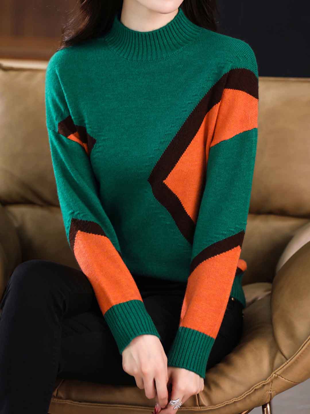 Camila Classic Turtleneck Contrasted Knitted Top