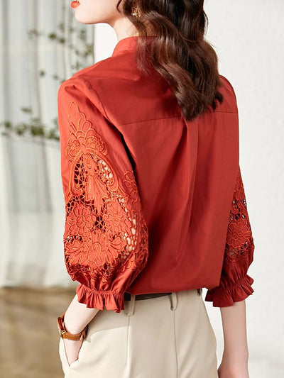 Kayla Casual Embroidered Shirt-Red