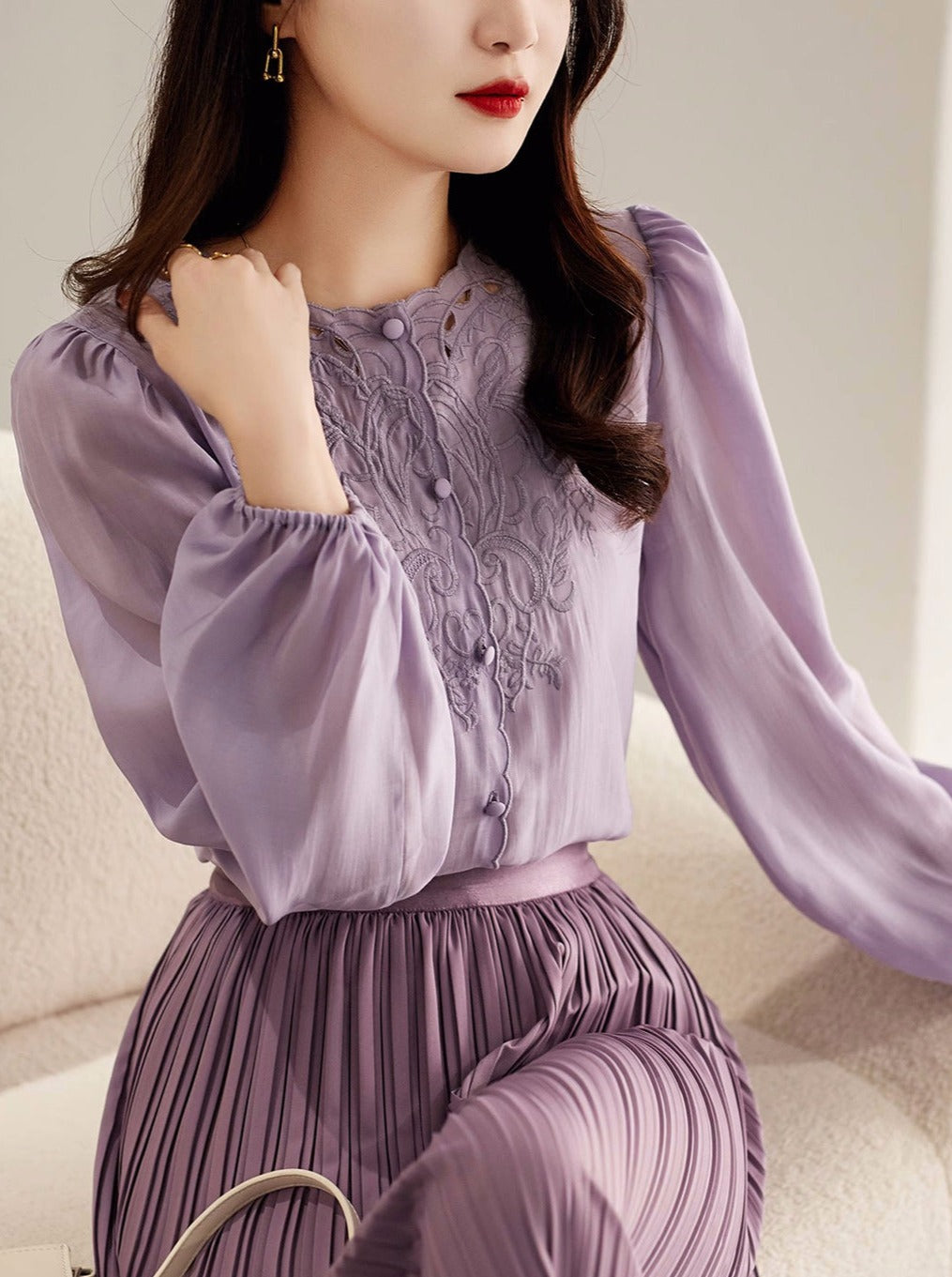 Jocelyn Elegant Embroidered Lantern Sleeve Shirt-Purple