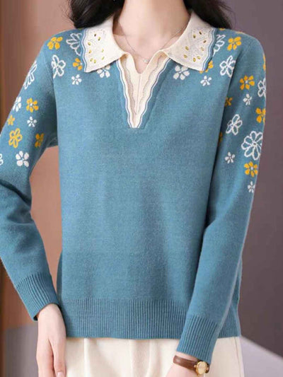 Jocelyn Casual Lapel Embroidered Knitted Top
