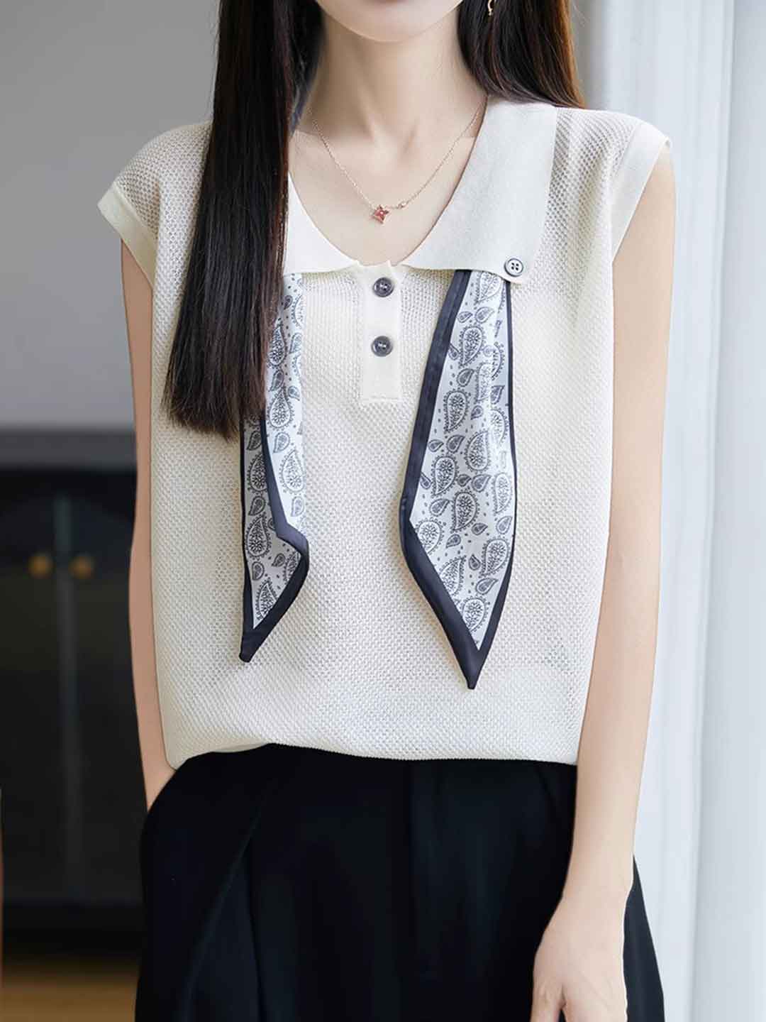 Katelyn Classic Lapel Scarf Sleeveless Knitted Top