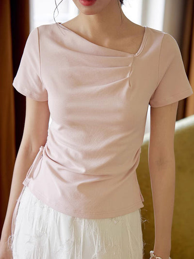 Vanessa Retro Solid Color Slant Collar Drawstring Top