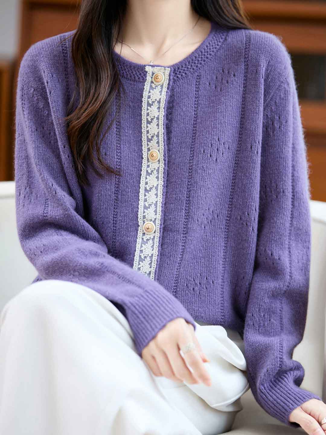 Julia Loose Crew Neck Solid Color Lace Knitted Cardigan-Orange