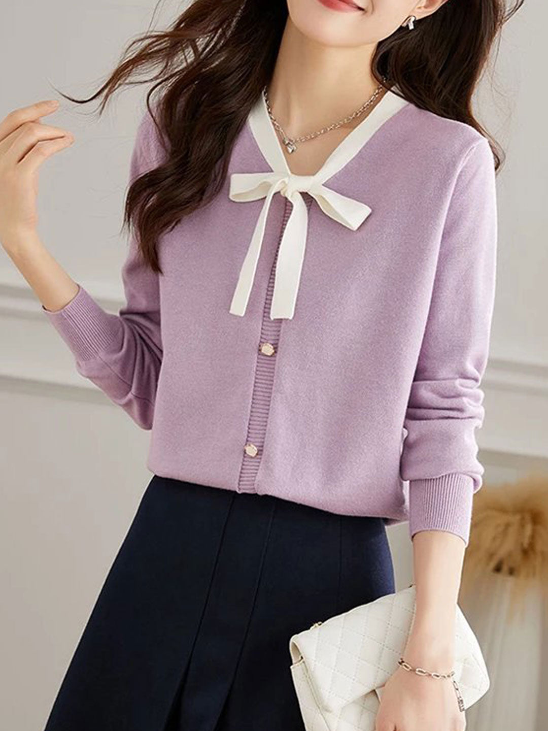 Zoe Elegant Bow Color Blocked Knitted Sweater