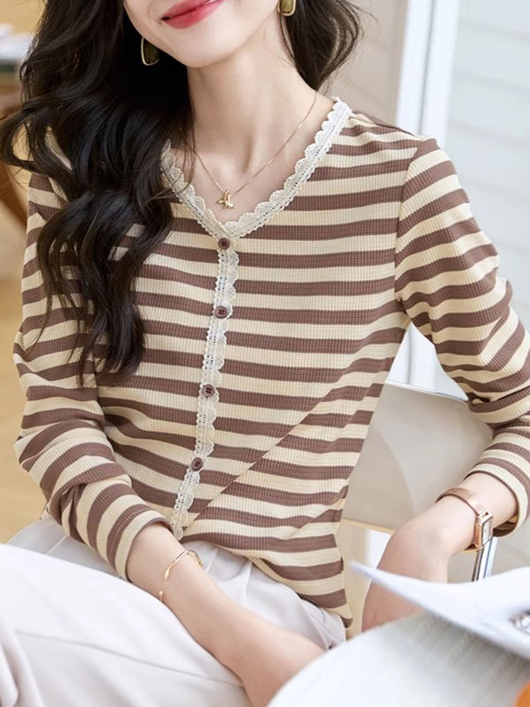 Sarah Casual Striped Lace Top