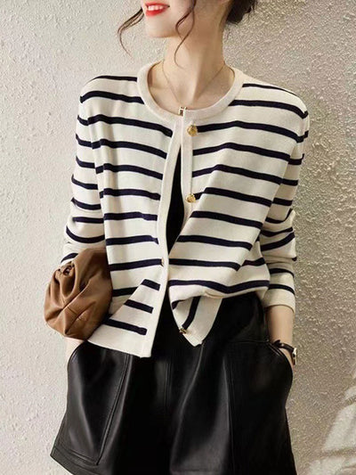 Olivia Classic Crew Neck Striped Knitted Cardigan-Black