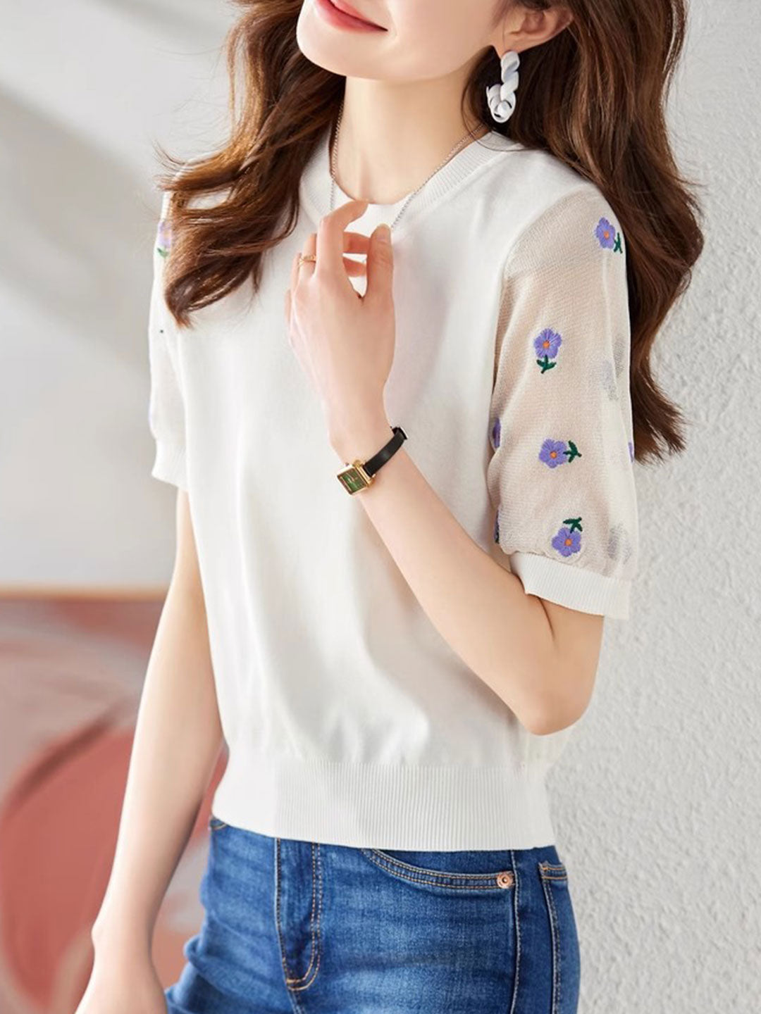 Alexis Classic Embroidered Puff Sleeve Knitted Top-White