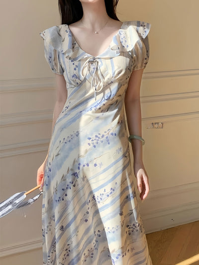 Sophie Elegant V-neck Ruffle Collar Printed Dress