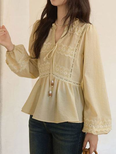 Elizabeth Classic V-neck Latern Sleeve Lace Top
