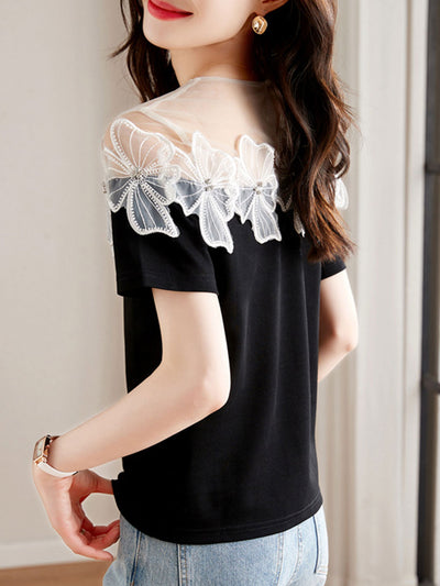 Kayla Retro Stitching Flower Chiffon Top