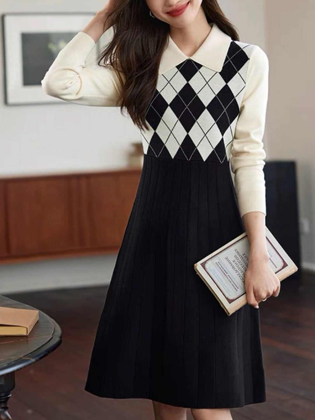 Jocelyn Elegant Diamond Patchwork Knitted Dress