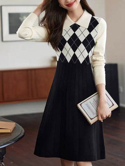 Jocelyn Elegant Diamond Patchwork Knitted Dress