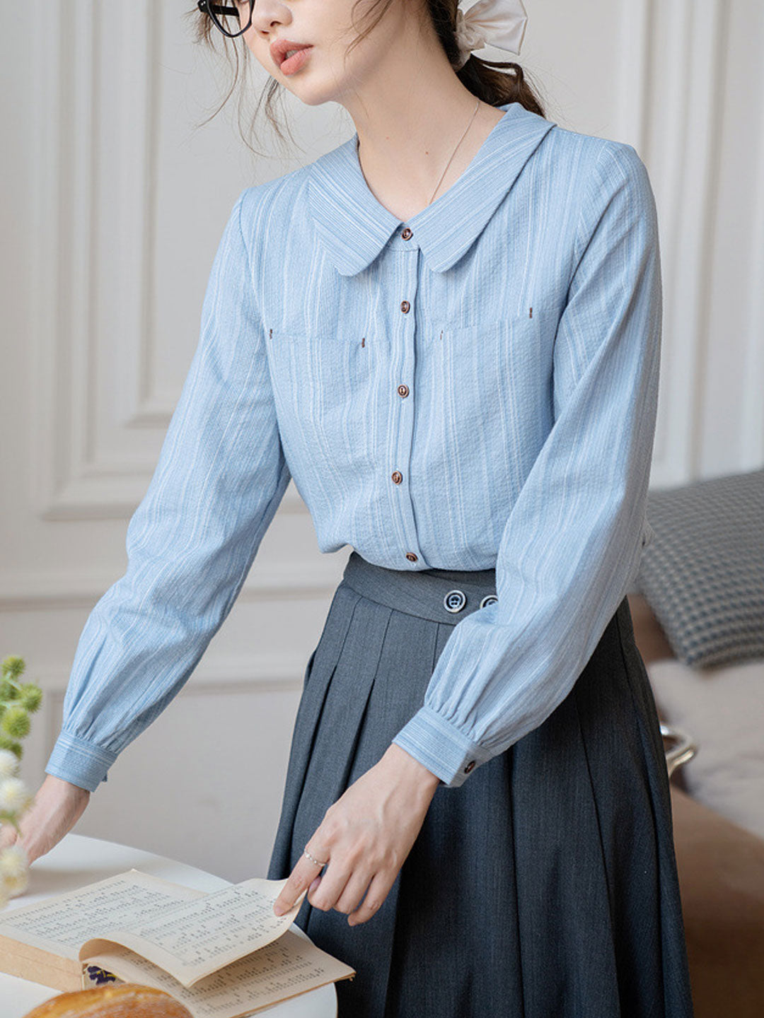 Julia Retro Doll Collar Striped Shirt