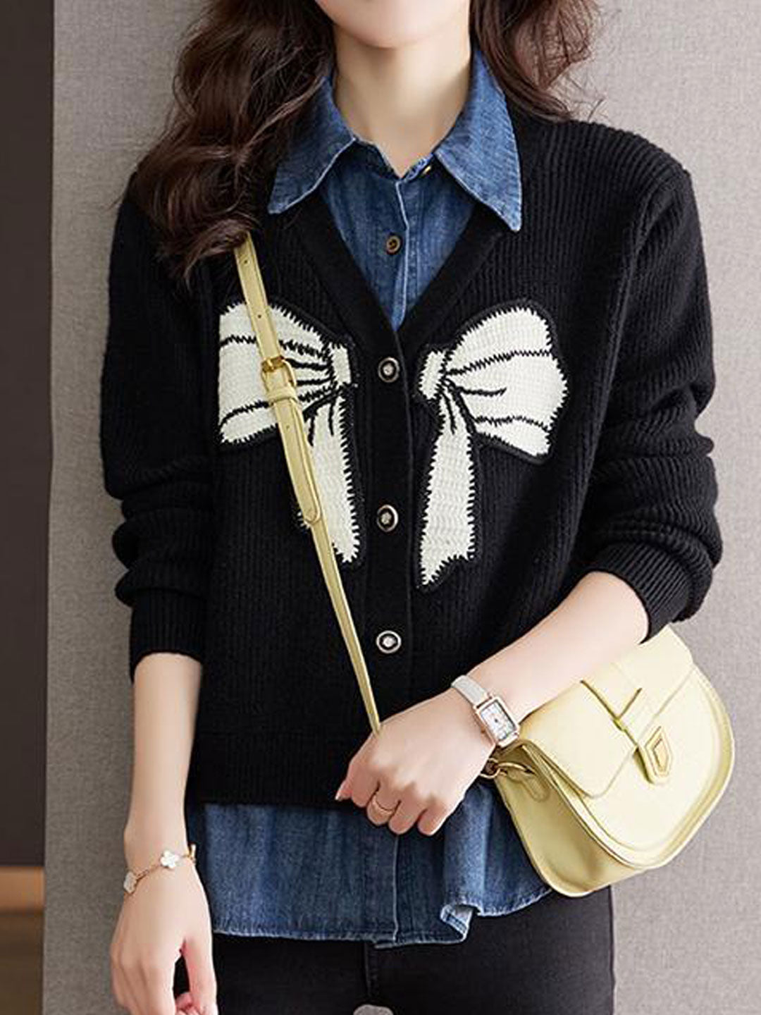 Freda Loose Denim Patchwork Mock Two-Piece Knitted Cardigan