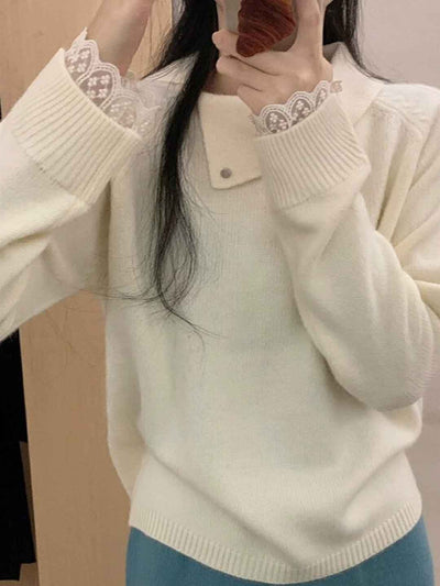 Jocelyn Classic Lapel Solid Color Knitted Lace Sweater